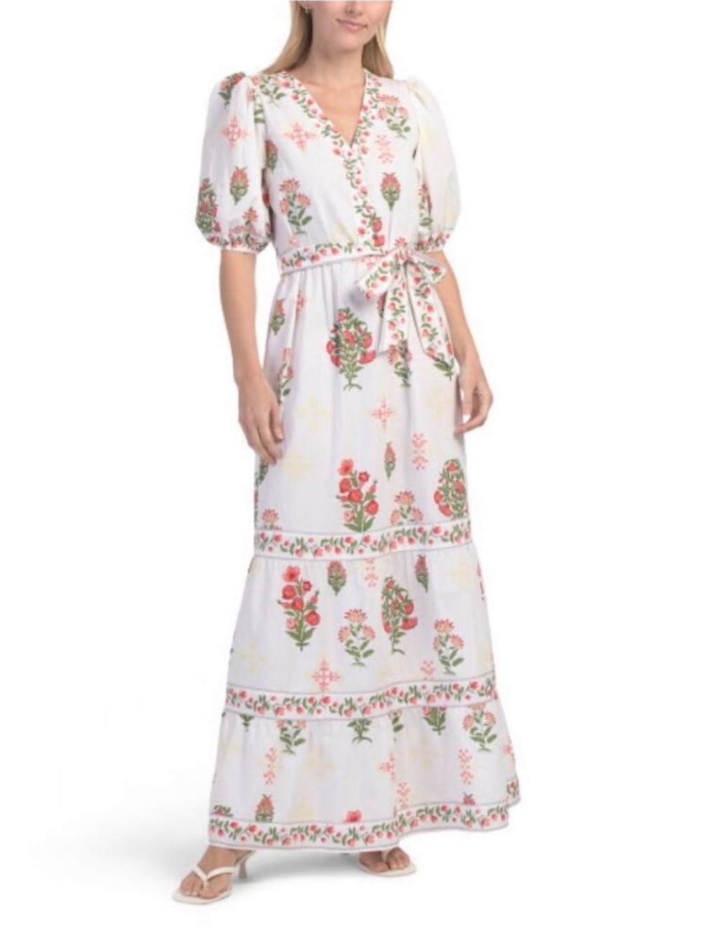 Celina Moon cotton floral maxi dress white pink green no belt large